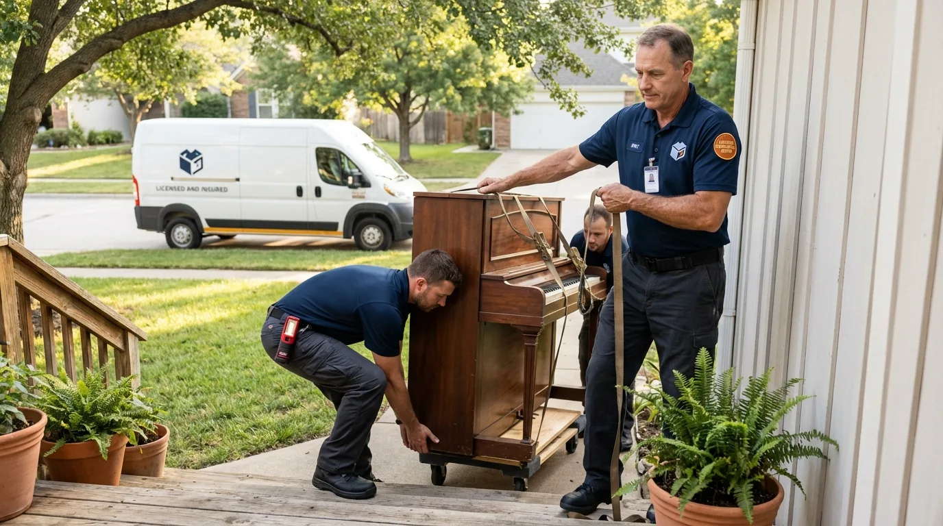 Licensed piano movers securing grand piano in Fort Loramie, OH