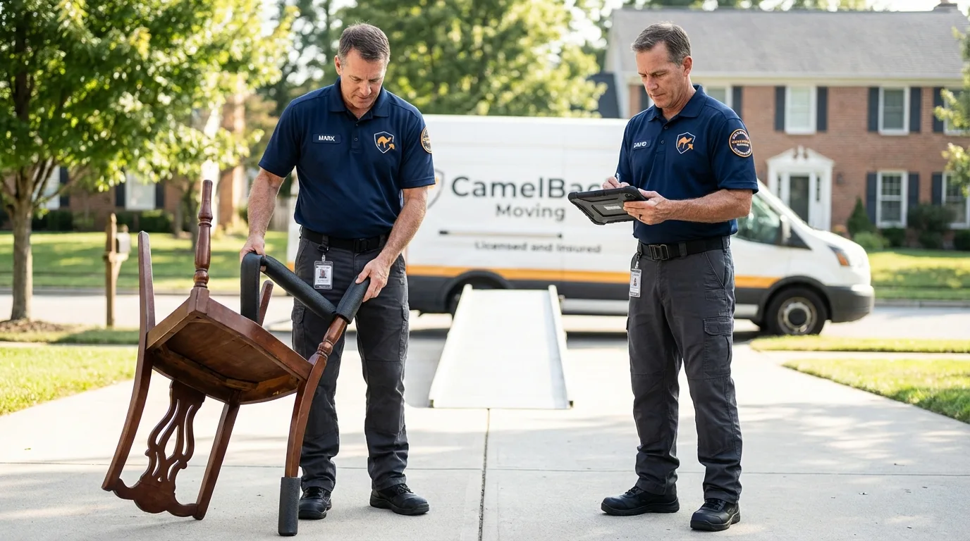 Movers inspecting furniture for damage prevention before loading in Fort Loramie, OH
