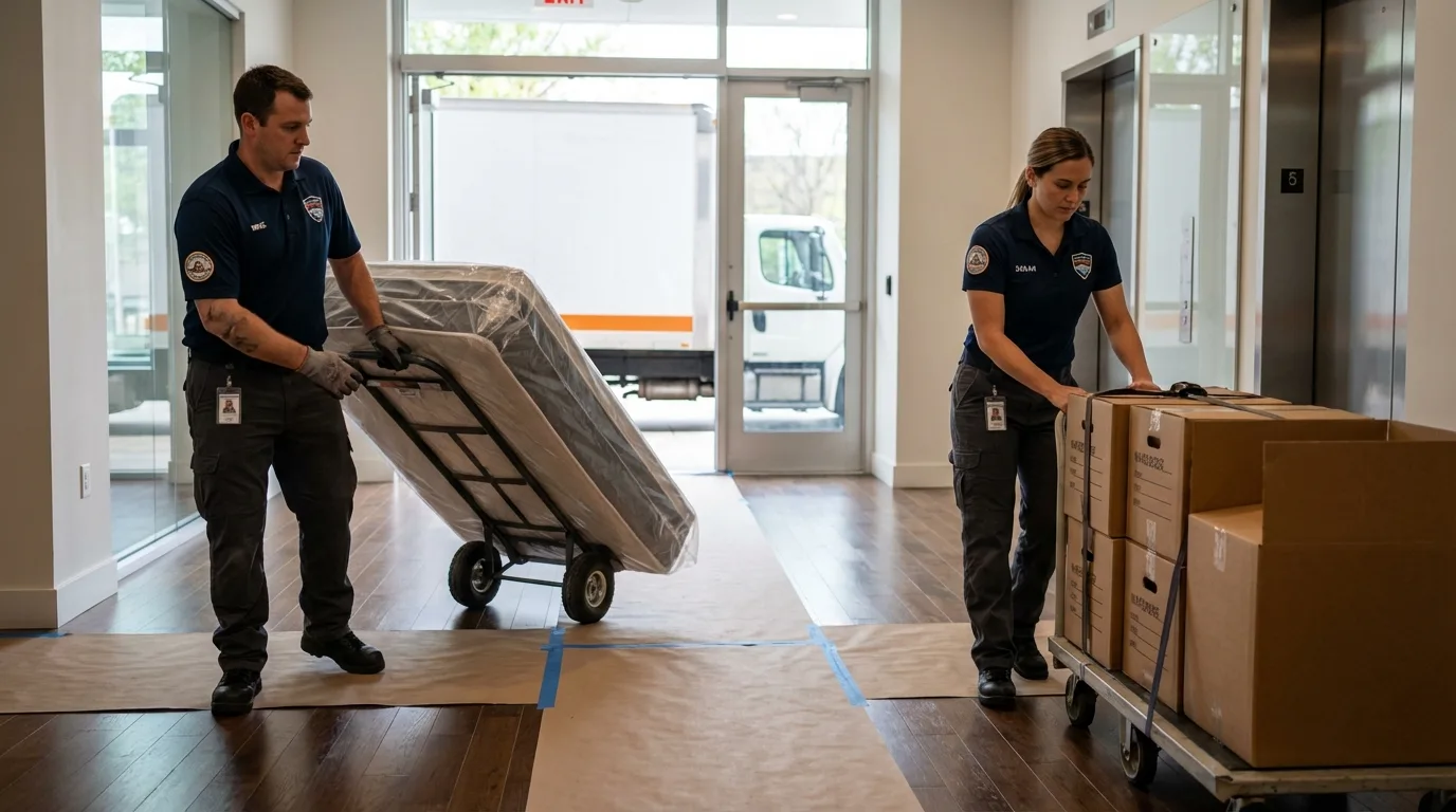 Professional apartment movers loading elevator in Fort Loramie, OH