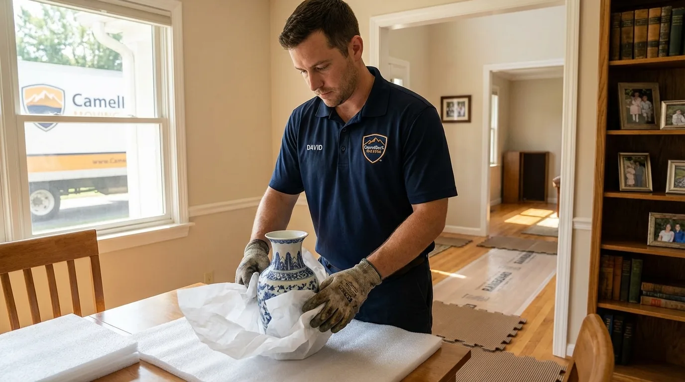 Professional crew carefully wrapping antique vase for senior downsizing move in Fort Loramie, OH